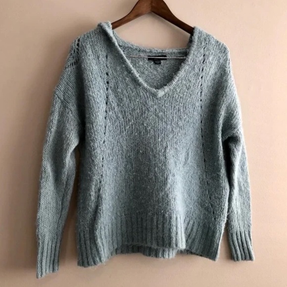 American Eagle Wool Knit Comfy Hooded Long Sleeve V Neck Hoodie Sweater Top Blue - Picture 10 of 10